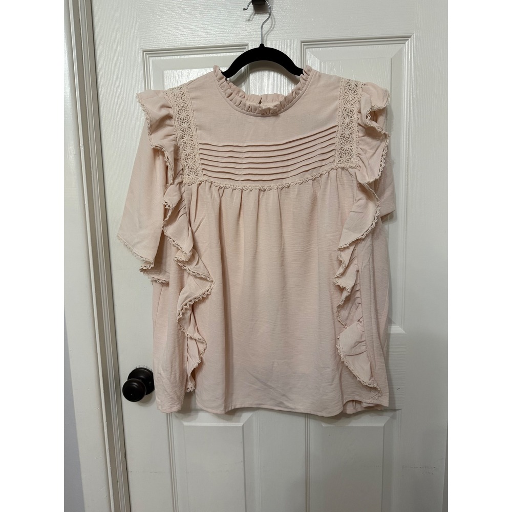 Shop the Mint Ruffle Lace Pintuck Oversized Blouse Light Pink M T18781 - Picture 2 of 6